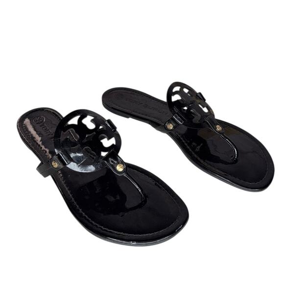 EUC Tory Burch Miller Black Sandals Flip Flops Size 11 Black Patent Leather - Picture 3 of 13
